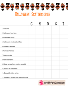 free printable halloween scattergories worksheet using the word Ghost