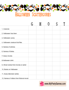 free printable halloween scattergories worksheet using the word Ghost