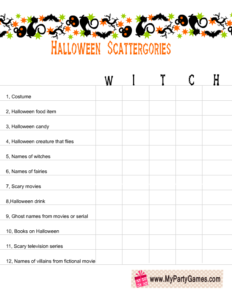 free printable halloween scattergories worksheet using the word witch 