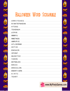 Halloween Word Scramble Game Printable with Purple Border