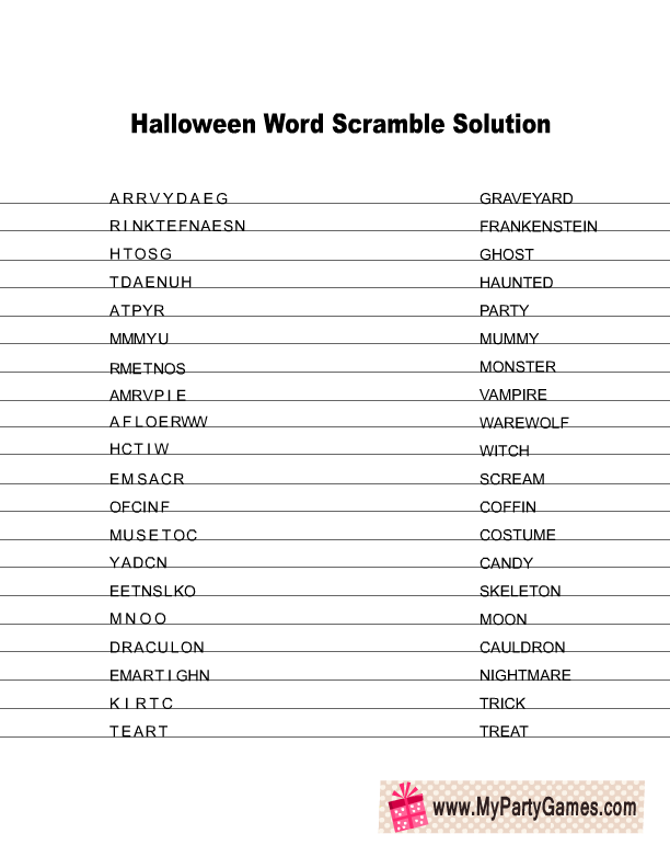 Free Printable Halloween Word Scramble Game answer Key