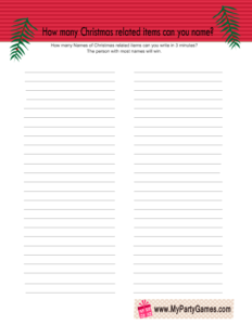 Free Printable How many Christmas related Items can you Name? Game