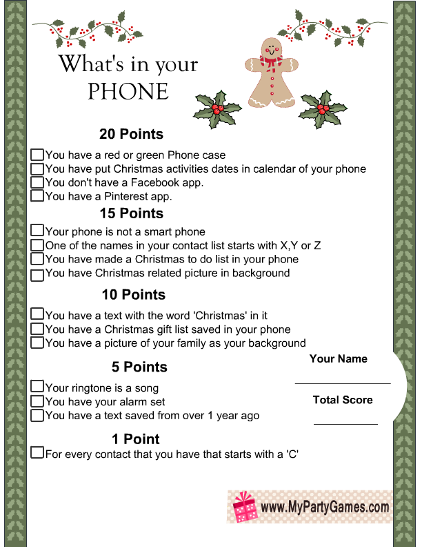 What S In You Phone Free Printable Christmas Game