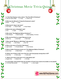 Free Printable Christmas Movie Trivia Quiz Worksheet