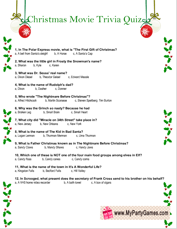 Free Christmas Trivia Party Games