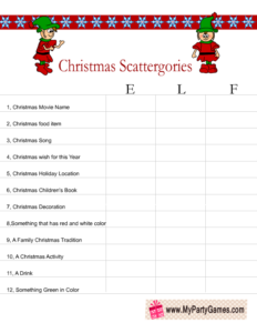 Free Printable Scattergories inspired Christmas Game using word ELF