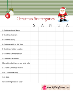 Free Printable Scattergories inspired Christmas Game using word Santa