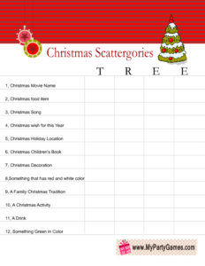 Scattergories inspired Christmas Game Worksheet using word Tree