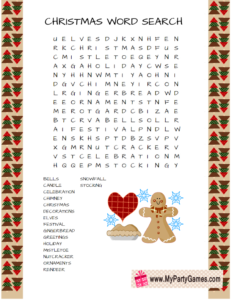 Free Printable Christmas Word Search Game featuring Gingerbread-man