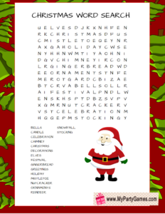 Free Printable Christmas Word Search Game featuring Santa