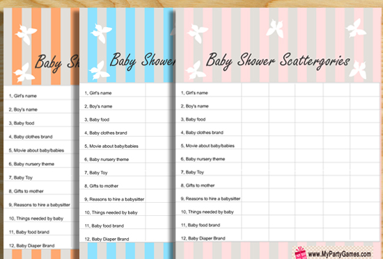 Free Printable Baby Shower Scattergories Game for Boy and Girl Baby Showers
