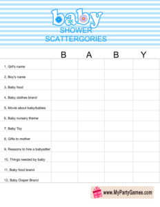 Baby Shower Scattergories Game using the word 'Baby' in blue color