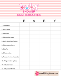 Baby Shower Scattergories Game using the word 'Baby' in pink color