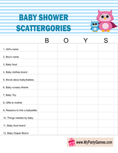 Free Printable Baby Shower Scattergories Game using the word 'Boys'