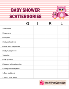 Free Printable Baby Shower Scattergories Game using the word 'Girl'