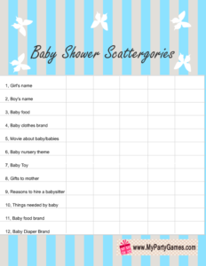 Baby Shower Scattergories Game List in Blue Color