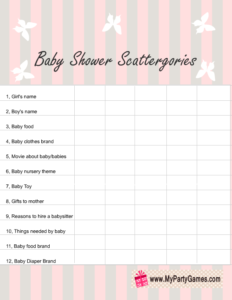 Baby Shower Scattergories Game List in Pink Color