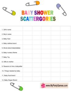 Free Printable Baby Shower Scattergories Game List in Rainbow Colors