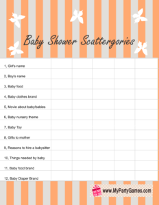 Free Printable Baby Shower Scattergories Game Lists in Gender neutral Orange Color