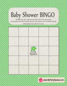 Free Printable Baby Shower Gift Bingo Card in Green Color