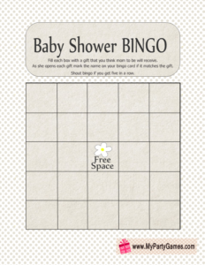 Free Printable Baby Shower Gift Bingo Card in White Color