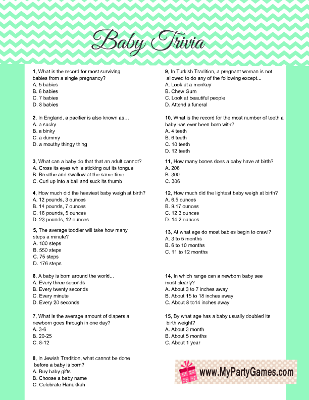 Free Printable Baby Trivia Game for Baby Shower Party