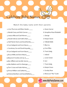 Free Printable Celebrity Baby Name Game in Orange Color