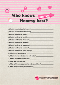 Who knows Mommy best? Free Printable Baby Shower Game in Pink Color