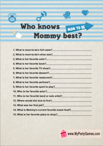 Who knows Mommy best? Free Printable Baby Shower Game in Blue Color