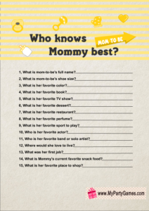 Who knows Mommy best? Game Printable in Yellow Color