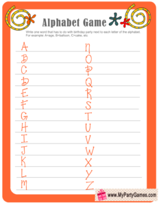 Birthday Alphabet Game in Orange Color - Free Printable