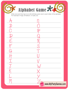 Free Printable Birthday Alphabet Game in Pink Color