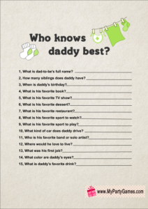 Who knows daddy best? Free printable game in green color