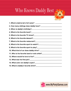 Who knows daddy best? Free printable baby shower game in red color