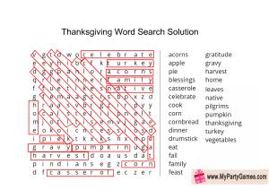 Thanksgiving Word Search Game Solution