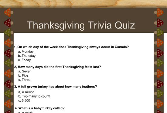 Free Printable Thanksgiving Trivia Quiz