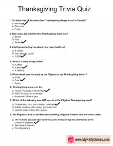 Thanksgiving Trivia Quiz Answer Key