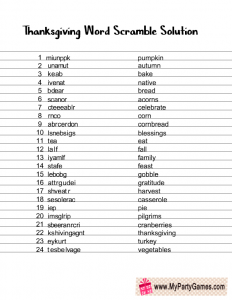 Free Printable Thanksgiving Word Scramble Game Solution