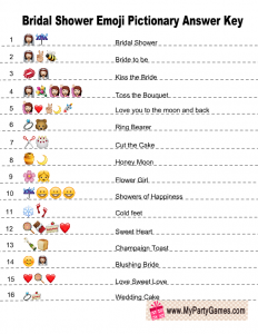 Free Printable Emoji Pictionary Bridal Shower Game Answer Key