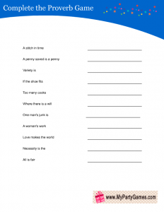 Free Printable Complete the Proverb Game Card in Blue