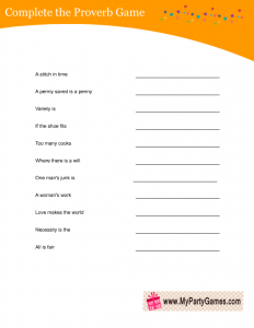 Complete the Proverb Game Printable in Orange