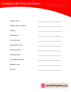 Free Printable Complete the Proverb Game Card in Red Color