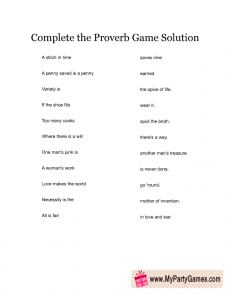 Free Printable Complete the Proverb Game Answer Key