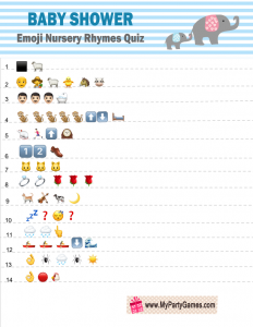 Elephant themed Emoji Quiz Printable for Baby Shower Blue