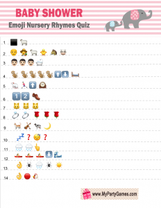 Elephant themed Emoji Quiz Printable for Baby Shower Pink