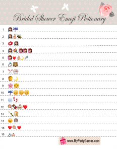 Free Printable Emoji Pictionary Game for Bridal Shower with Pink Rose