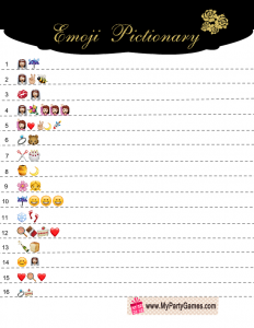 Free Printable Bridal Shower Emoji Pictionary Game in Black and Gold