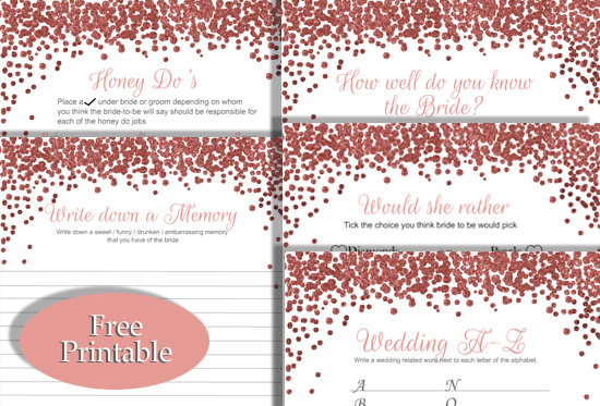 5 Popular Bridal Shower Games with Rose Gold Confetti Design (Free Printable)