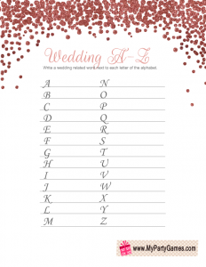 Wedding A-Z Bridal Shower Game with Rose Gold Confetti Design