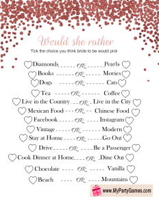 Would She Rather, Free Printable Bridal Shower Game